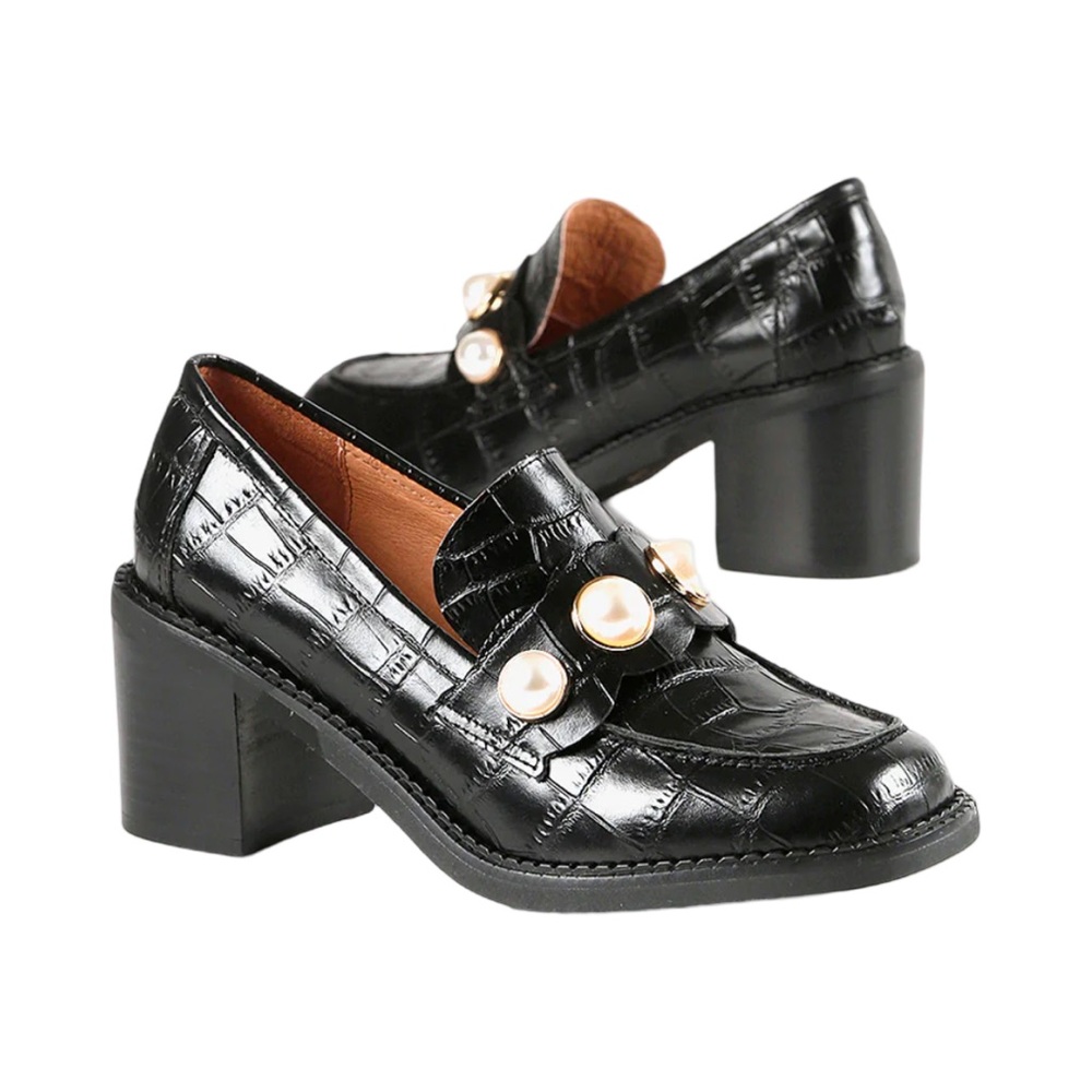 ALL BLACK Mobe Loafer Pump Croc Embossed Leather Slip On Size 39/ US 8.5 New